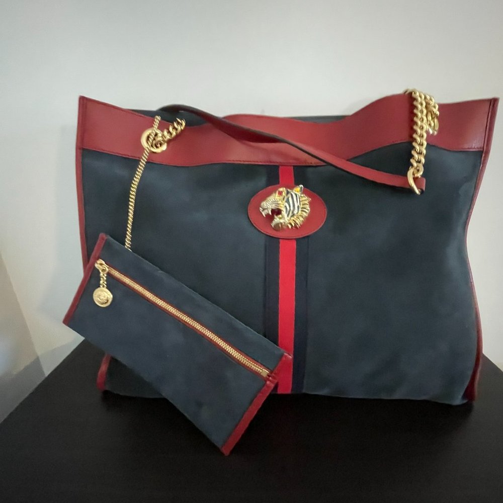 Gucci Rajah Navy/Red Large Suede Tote